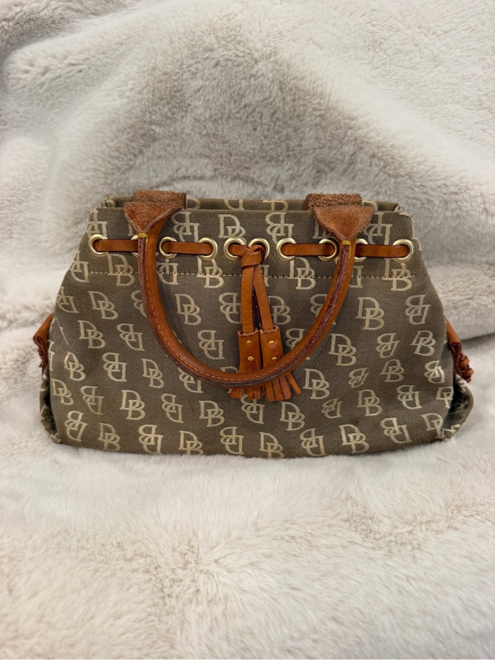 Vintage Dooney & Bourke Signature Monogram Tulip Tassel Tote Bag